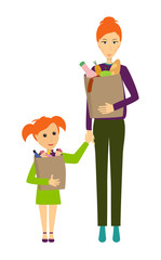 Mom and daughter with full packages of products from the supermarket. Vector.