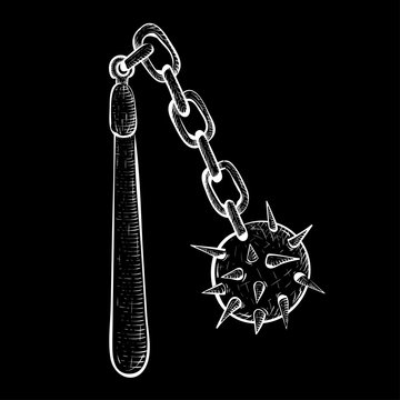 Flail. Medieval weapon - spiked metal ball with chain and wooden handle. White sketch on black background