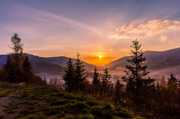 Ukrainian Carpathian Mountains landscape background during the sunset in the autumn season
