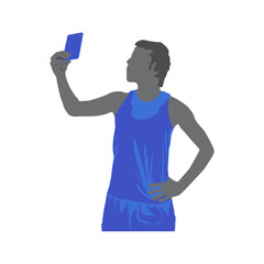 happy young man selfie after workout outdoors. Fit male runner resting after training session