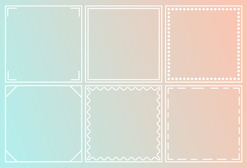 Set of six decorative frames isolated on gradient background in soft blue and pink colors. Vector illustration for invitation, card, decorative purposes.