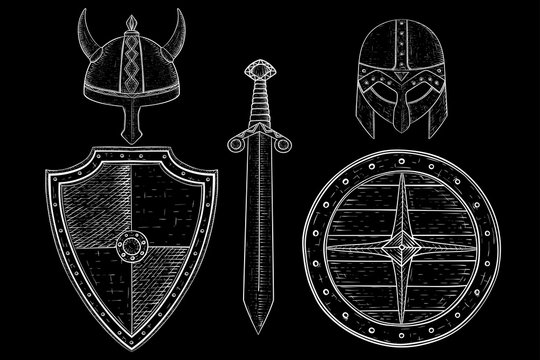 Warrior weapons - old medieval shields, helmets, sword. Hand drawn sketch