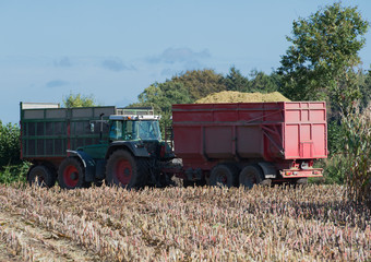Maisernte, Maishäcksler in Aktion, Erntewagen mit Traktor