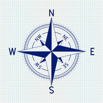 Compass, wind rose. Vector illustration on lined paper background
