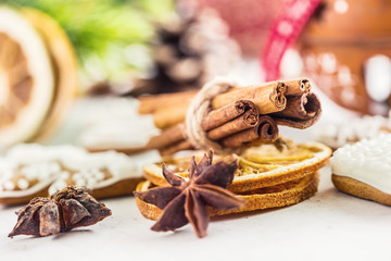 Cinnamon star anise gingerbread dry orange with christmas decoration