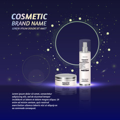 3D realistic cosmetic bottle ads template. Cosmetic brand advertising concept design with glitters and sparkles abstract sky background