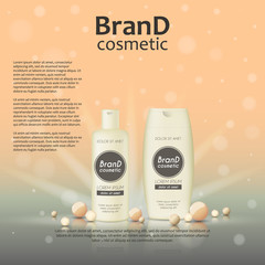 3D realistic cosmetic bottle ads template. Cosmetic brand advertising concept design on glowing background with pearls and sparkles