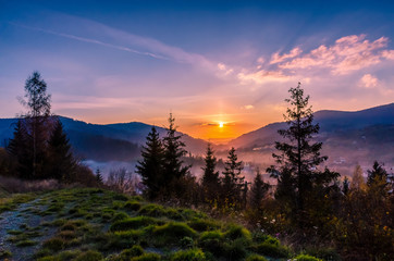 Ukrainian Carpathian Mountains landscape background during the sunset in the autumn season