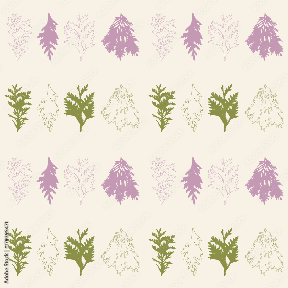 Poster floral vector seamless pattern with evergreen fur or pine tree twigs and branches on white backgroun