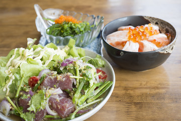 Japanese food set - Spicy fresh Tuna Salad, Wakame salad and Salmon Toro.
