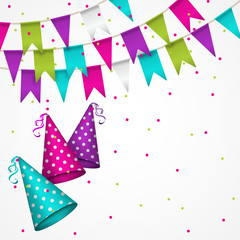 Obraz premium Party garlands on white background. Party colorful bunting flags, party pennants with different forms. Birthday decoration. Hanging colored flags and soaring confetti and dotted party hat