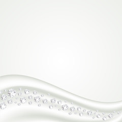 White smooth satin silk fabric waves with sparkling precious gems. Soaring white diamonds. Modern background