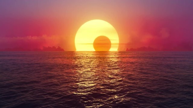 Sunset and solar eclipse over seamlessly looped ocean. 