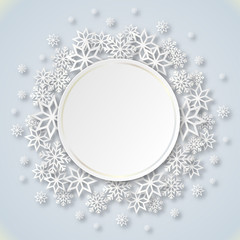 Vector illustration abstract Christmas Background with volumetric snowflakes and round frame. Winter paper art design. White 3D snowflakes with shadow. Xmas and new year card template