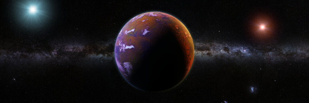 beautiful exoplanet orbiting an alien binary star system (3d space illustration banner)