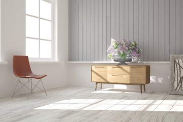 Fototapeta na wymiar Inspiration of white minimalist room with armchair. Scandinavian interior design. 3D illustration