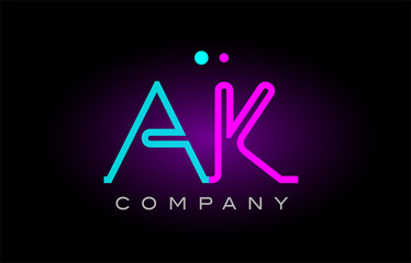 neon lights alphabet ak a k letter logo icon combination design