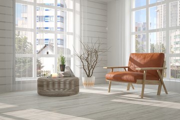 Inspiration of white minimalist room with armchair. Scandinavian interior design. 3D illustration
