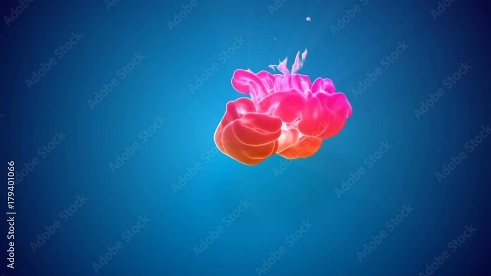 Poster multicolor 3d flow of dense ink inject in water in slow motion on blue background. use as background