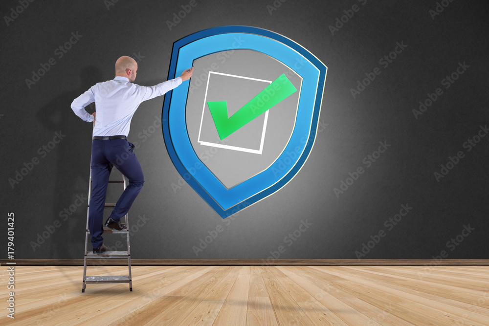 Aufkleber businessman in front of a wall with a shield symbol displayed on a futuristic interface - technology