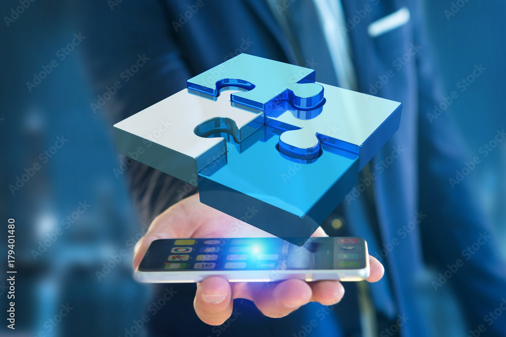 Poster four puzzle pieces making a logo on a futuristic interface - 3d rendering