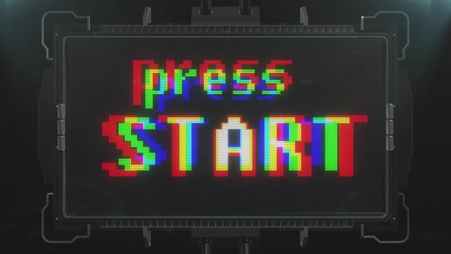 jumpy retro videogame press start text on futuristic tv screen animation seamless loop ... New quality universal vintage techno motion dynamic animated background colorful joyful cool video footage