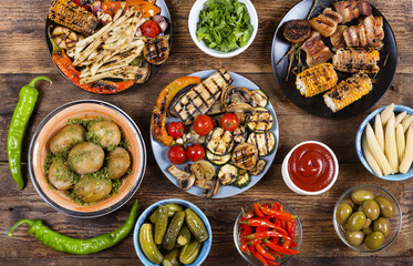 Various vegan dishes and snacks. Grilled vegetables. 