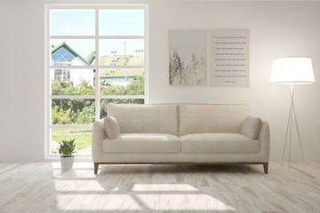 Idea of white room with sofa and summer landscape in window. Scandinavian interior design. 3D illustration