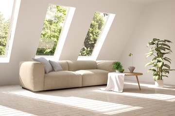 Idea of white room with sofa and summer landscape in window. Scandinavian interior design. 3D illustration