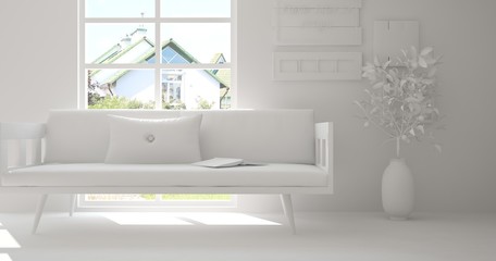 White room with sofa. Scandinavian interior design. 3D illustration