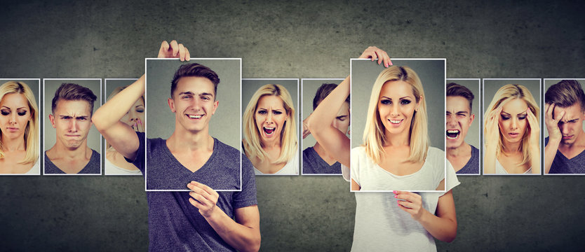 Balanced relationship concept. Masked young woman and man expressing different emotions