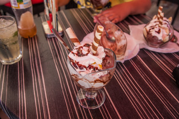 Sweet Homemade Banana Split Sundae with Chocolate Vanilla Strawberry Ice Cream