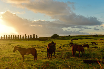 Sunrise with wild horses and Ahu Tongariki on Easter Island, Chile