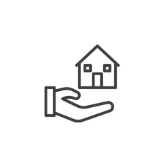 Hand hold home line icon, outline vector sign, linear style pictogram isolated on white. House insurance or selling real estate symbol, logo illustration. Editable stroke