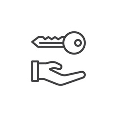 Hand holds home keys line icon, outline vector sign, linear style pictogram isolated on white. House rental symbol, logo illustration. Editable stroke