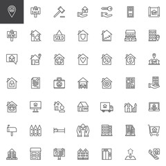 Real estate line icons set, outline vector symbol collection, linear style pictogram pack. Signs, logo illustration. Set includes icons as House sale, rent, office, auction, blueprint, residential