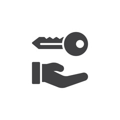 Hand holds home keys icon vector, filled flat sign, solid pictogram isolated on white. House rental symbol, logo illustration.