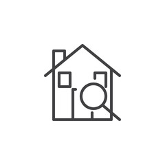 Home search with magnifying glass line icon, outline vector sign, linear style pictogram isolated on white. Symbol, logo illustration. Editable stroke
