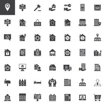 Real estate vector icons set, modern solid symbol collection, filled pictogram pack. Signs, logo illustration. Set includes icons as House sale, rent, office, auction, blueprint, residential