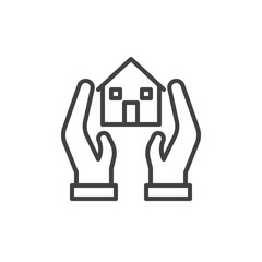 Hands and house line icon, outline vector sign, linear style pictogram isolated on white. Realty insurance, safe & secure home symbol, logo illustration. Editable stroke