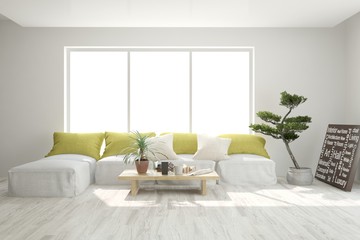 Idea of white minimalist room with sofa. Scandinavian interior design. 3D illustration