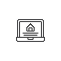 Laptop with house on screen line icon, outline vector sign, linear style pictogram isolated on white. Online selling real estate symbol, logo illustration. Editable stroke