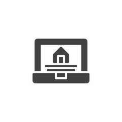 Laptop with house on screen icon vector, filled flat sign, solid pictogram isolated on white. Online selling real estate symbol, logo illustration.