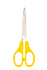 Basic scissors with orange plastic handle isolated on white background.