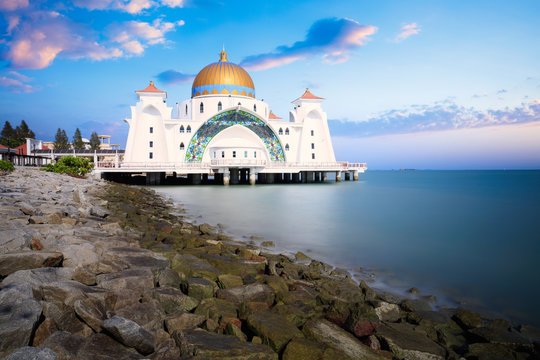 Malacca straits mosque masjid selat melaka it is a mosque located on the man made malacca