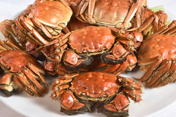 Steamed Chinese hairy crabs on plate 