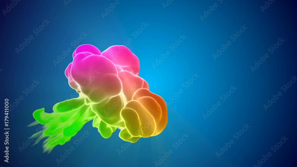 Poster multicolor 3d flow of dense ink inject in water in slow motion on blue background. use as background