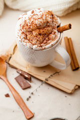 Cup of cocoa with cinnamon, whipped cream and chocolate. Textile background. Scandinavian winter concept. Vertical composition.