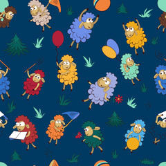 Naklejka premium Seamless pattern with funny sheep. Seamless background pattern with happy colored sheep for design in a children's theme.