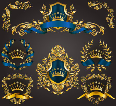Set of golden royal shields with floral elements, ribbons, laurel wreaths for page, web design. Old frame, border, crown in vintage style for monograms, label, emblem, badge, logo. Illustration EPS10